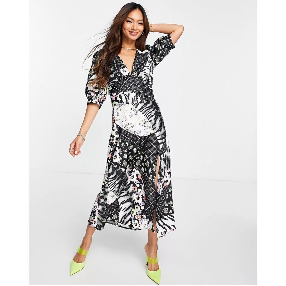 ASOS DESIGN belted midi tea dress in splice print size 0 NWT
